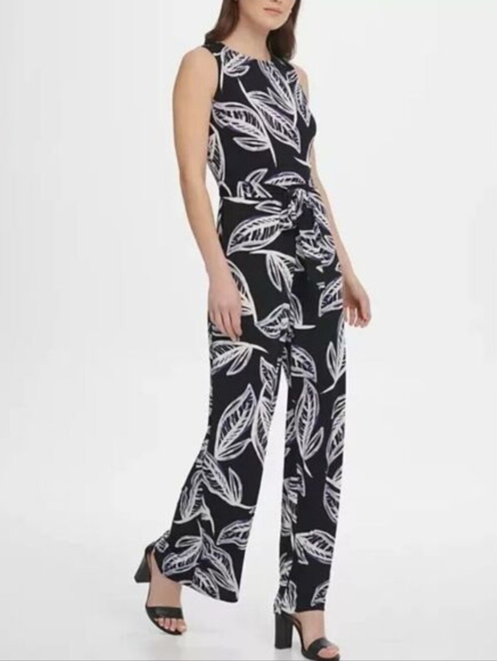 DKNY Printed Tie Waist Jersey Jumpsuit Size 14 - Picture 3 of 13